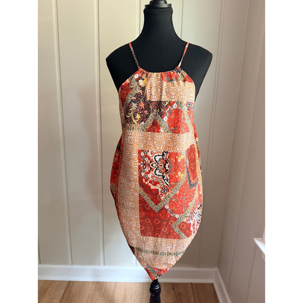 Lucky Brand Patchwork Print Halter Top Handkerchief Hem Orange Red Small
